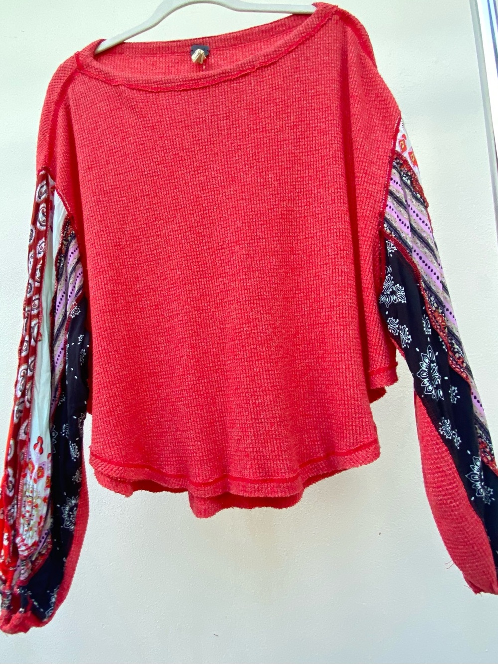 Free People Red Waffle Knit Multicolor Floral Balloon Sleeve Top Size Small